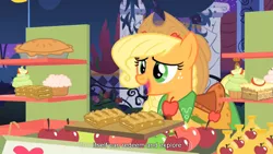 Size: 1025x577 | Tagged: apple, applejack, caption, clothes, cupcake, derpibooru import, dress, edit, edited screencap, food, gala dress, meme, pie, safe, screencap, solo, the best night ever, youtube caption