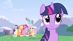 Size: 854x480 | Tagged: a canterlot wedding, applejack, caption, derpibooru import, edit, edited screencap, fluttershy, mane seven, mane six, meme, pinkie pie, rainbow dash, rarity, safe, screencap, spike, twilight sparkle, youtube caption