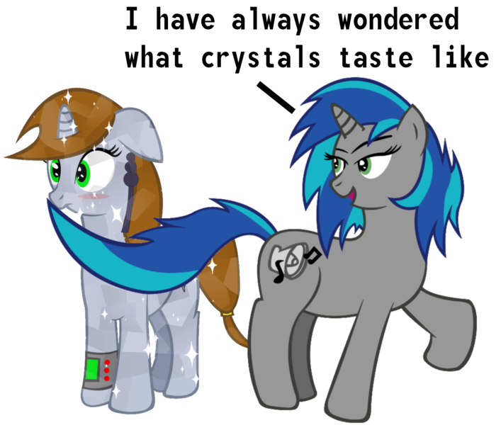 Size: 1685x1430 | Tagged: suggestive, derpibooru import, oc, oc:homage, oc:littlepip, unofficial characters only, crystal pony, pony, unicorn, fallout equestria, fanfic, bedroom eyes, blushing, comic, crystallized, cutie mark, fanfic art, female, floppy ears, hooves, horn, lesbian, mare, oc x oc, open mouth, pipbuck, raised hoof, shipping, simple background, smiling, sparkles, standing, tail seduce, talking, transparent background, wide eyes