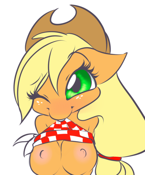 Size: 500x606 | Tagged: anthro, applejack, artist:pocketmew, bandana, blushing, breasts, busty applejack, derpibooru import, female, flashing, looking at you, mouth hold, nipples, nudity, one eye closed, questionable, simple background, smiling, solo, solo female, undressing, wink