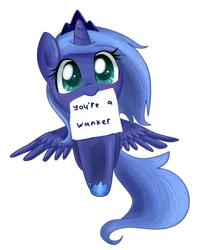 Size: 797x1002 | Tagged: artist:pridark, blushing, derpibooru import, edit, female, filly, mouth hold, note, princess luna, safe, simple background, solo, transparent background, vulgar, woona, younger