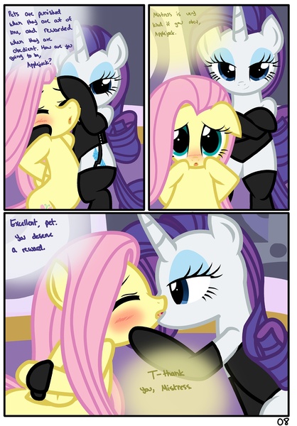 Size: 1741x2500 | Tagged: questionable, artist:pyruvate, derpibooru import, fluttershy, rarity, comic:the usual, bdsm, blushing, bondage, comic, dialogue, female, femsub, flarity, kissing, lesbian, mistress, raridom, shipping, submissive