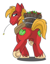 Size: 552x700 | Tagged: suggestive, artist:spainfischer, derpibooru import, big macintosh, earth pony, pony, apple, big backintosh, big macintosh's yoke, bucket, butt, carrying, food, looking back, male, plot, simple background, solo, solo male, stallion, straw, straw in mouth, transparent background, unshorn fetlocks, working, yoke