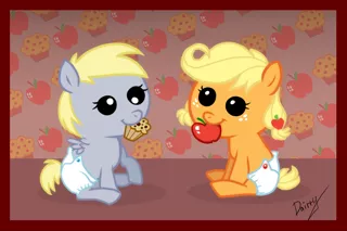 Size: 1200x800 | Tagged: safe, artist:dairry, derpibooru import, applejack, derpy hooves, pony, apple, baby, baby pony, babyjack, diaper, female, filly, foal, food, mouth hold, muffin, younger