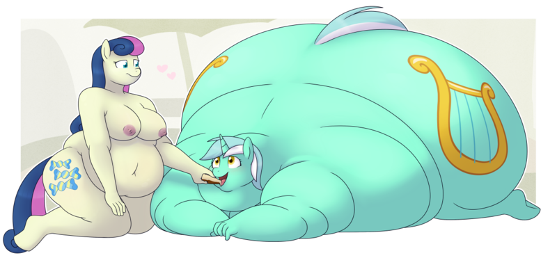 Size: 1200x556 | Tagged: questionable, artist:redintravenous, derpibooru import, bon bon, lyra heartstrings, sweetie drops, anthro, earth pony, unicorn, bbw, big breasts, bon blob, bon butt, breasts, busty bon bon, butt, cake, chubby, eating, fat, feeder bon bon, feeding, female, food, heart, huge butt, impossibly large butt, lard-ra heartstrings, large butt, lyra feedee, morbidly obese, nipples, nudity, obese, ssbbw, the ass was fat