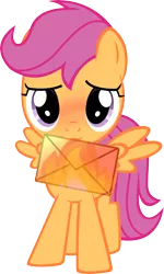 Size: 4684x7813 | Tagged: safe, artist:purezparity, derpibooru import, scootaloo, pegasus, pony, absurd resolution, blushing, crush, female, filly, letter, mouth hold, simple background, solo, transparent background, vector