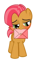 Size: 1024x1771 | Tagged: safe, artist:purezparity, derpibooru import, babs seed, earth pony, pony, blushing, crush, female, filly, letter, mouth hold, simple background, solo, transparent background, vector