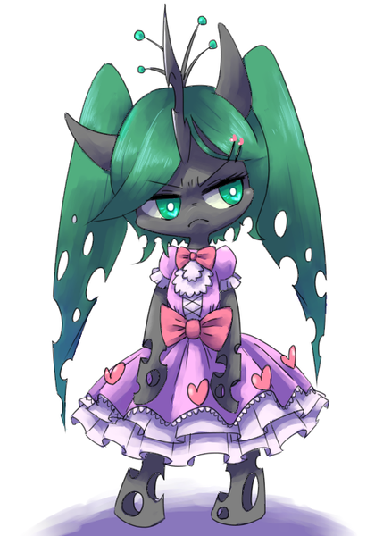 Size: 500x700 | Tagged: dead source, safe, artist:30clock, derpibooru import, queen chrysalis, nymph, pony, bipedal, clothes, cute, cutealis, dress, dressup, frilly dress, pigtails, pixiv, pouting, solo, sulking, twintails