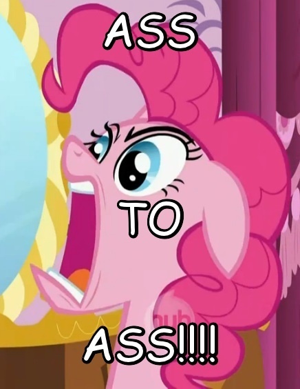 Size: 436x564 | Tagged: back and forth forever, butt to butt, butt touch, caption, comic sans, derpibooru import, forever, image macro, pinkie pie, requiem for a dream, solo, suggestive, text, vulgar