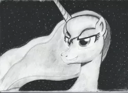 Size: 2338x1700 | Tagged: bust, charcoal drawing, derpibooru import, monochrome, night, princess luna, safe, smiling, smirk, solo, traditional art