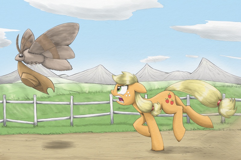 Size: 3539x2348 | Tagged: safe, artist:otakuap, derpibooru import, applejack, oc, oc:fluffy the bringer of darkness, earth pony, giant moth, insect, moth, pony, angry, animal, applejack wants her hat back, chase, female, fence, floppy ears, giant insect, glare, hat, hatless, mare, missing accessory, mouth hold, open mouth, running, stealing