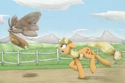 Size: 3539x2348 | Tagged: safe, artist:otakuap, derpibooru import, applejack, oc, oc:fluffy the bringer of darkness, earth pony, giant moth, insect, moth, pony, angry, animal, applejack wants her hat back, chase, female, fence, floppy ears, giant insect, glare, hat, hatless, mare, missing accessory, mouth hold, open mouth, running, stealing