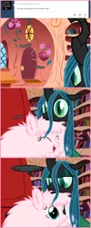 Size: 660x1645 | Tagged: artist:mixermike622, ask, derpibooru import, golden oaks library, oc, oc:fluffle puff, queen chrysalis, safe, tumblr, tumblr:ask fluffle puff