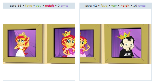 Size: 537x282 | Tagged: safe, derpibooru import, edit, edited screencap, screencap, sunset shimmer, derpibooru, equestria girls, equestria girls (movie), dan, dan vs, exploitable meme, fake juxtaposition win, forced juxtaposition, juxtaposition, juxtaposition win, meme, meta, prom queen meme