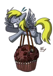 Size: 700x990 | Tagged: safe, artist:projectzuel, derpibooru import, derpy hooves, pegasus, pony, female, flying, food, mare, muffin, solo