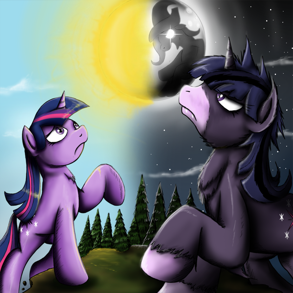 Size: 1150x1150 | Tagged: artist:jamescorck, derpibooru import, duality, safe, trixie, twilight sparkle, twilight unbound, werelight shine