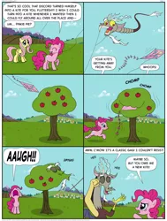 Size: 1024x1356 | Tagged: safe, artist:kturtle, derpibooru import, discord, fluttershy, pinkie pie, draconequus, earth pony, pegasus, pony, aaugh!, apple, apple tree, charlie brown, comic, discord being discord, female, go fly a kite, kite, kite-eating tree, laughing, male, mare, peanuts, tree