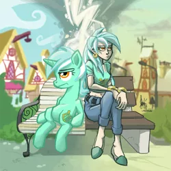 Size: 800x800 | Tagged: safe, artist:theartrix, derpibooru import, lyra heartstrings, human, pony, unicorn, bench, female, human ponidox, humanized, lidded eyes, mare, meme, profile, self ponidox, sitting, sitting lyra, skinny