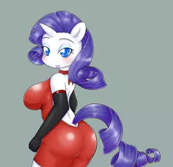 Size: 1280x1233 | Tagged: ambiguous facial structure, anthro, artist:basketgardevoir, ass, breasts, busty rarity, butt, clothes, derpibooru import, dress, female, looking at you, open-back dress, rarity, rearity, solo, suggestive