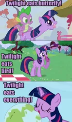 Size: 480x810 | Tagged: artist:iamnotanumber34665, bird, butterfly, caption, derpibooru import, earth, eating, image macro, omnivore twilight, planet, safe, spike, text, twilight sparkle