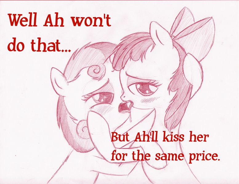 Size: 3299x2549 | Tagged: apple bloom, artist:jaxonian, ask, ask fapplebloom, blushing, derpibooru import, drool, female, foalcon, kissing, lesbian, sexy, sloppy kissing, suggestive, tumblr