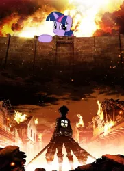 Size: 524x724 | Tagged: 3d maneuver gear, attack on titan, derpibooru import, edit, eren jaeger, faic, safe, smirk, twiface, twilight sparkle, wrong neighborhood