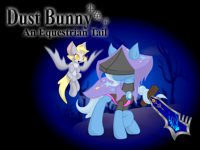 Size: 1280x960 | Tagged: safe, artist:inkwell, derpibooru import, derpy hooves, trixie, pegasus, pony, ahrah, clothes, crossover, dust (character), dust: an elysian tail, female, fidget (character), hat, hidden eyes, mare, prehensile tail, raised hoof, sword, weapon