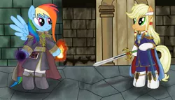 Size: 1182x676 | Tagged: applejack, armor, artist:theculturewarrior, book, dark magic, derpibooru import, fire, fire emblem, fire emblem: genealogy of the holy war, julius (fire emblem), loptyr (tome), magic, nintendo, rainbow dash, safe, seliph, sword, tyrfing, weapon