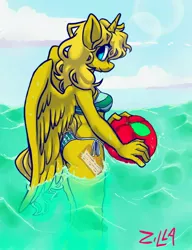 Size: 688x896 | Tagged: alicorn, alicorn oc, anthro, anthro oc, artist:professionalnoob, beach ball, bikini, clothes, derpibooru import, horn, oc, oc:ticket, safe, solo, swimsuit, unofficial characters only, water, wings