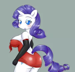 Size: 1280x1233 | Tagged: ambiguous facial structure, anthro, artist:basketgardevoir, ass, blushing, breasts, busty rarity, butt, clothes, derpibooru import, dress, evening gloves, female, gloves, knot, long gloves, open-back dress, panties, rarity, rearity, short dress, sideboob, simple background, solo, solo female, strapless dress, suggestive, thong, underwear