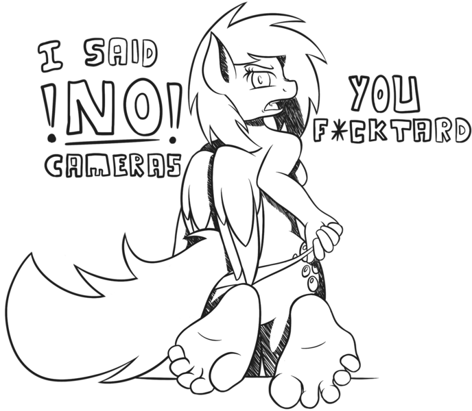 Size: 1280x1117 | Tagged: anthro, artist:miikymod, breasts, clothes, derpibooru import, derpy hooves, feet, female, monochrome, oc, oc:jerky hooves, panties, panties pulled down, panty pull, plantigrade anthro, questionable, soles, solo, tail, toes, underwear, wings