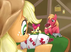 Size: 800x583 | Tagged: safe, artist:reillyington86, derpibooru import, apple bloom, applejack, big macintosh, smarty pants, earth pony, pony, apple siblings, apple sisters, brother and sister, card, male, playing, poker, siblings, sisters, stallion, table, tabletop game