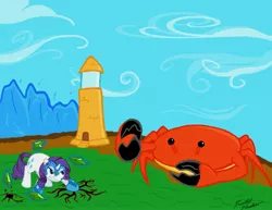 Size: 3300x2550 | Tagged: artist:paintedshadow451, crab, derpibooru import, fight, giant crab, lighthouse, rarity, rarity fighting a giant crab, safe