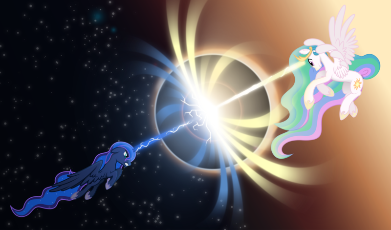 Size: 6062x3569 | Tagged: artist:tim015, blast, derpibooru import, fight, laser, magic, magic blast, princess celestia, princess luna, safe