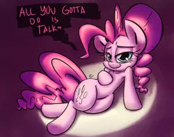 Size: 1024x810 | Tagged: artist:chromaskunk, artist:leadhooves, bedroom eyes, derpibooru import, dialogue, parody, party of one, pinkie pie, scene parody, solo, suggestive