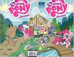 Size: 400x307 | Tagged: artist:tonyfleecs, cover, derpibooru import, female, gingerbread house, gingerbread man, hansel and gretel, idw, marble pie, pinkie pie, safe, siblings, sisters, spike, trixie, twins, witch