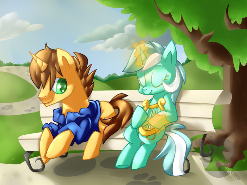 Size: 1024x768 | Tagged: safe, artist:lunchwere, derpibooru import, lyra heartstrings, oc, unicorn, bench, lyre, magic, male, musical instrument, stallion, telekinesis