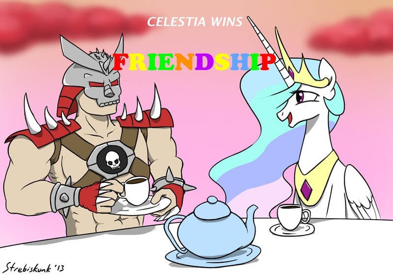 Size: 884x622 | Tagged: artist:strebiskunk, crossover, derpibooru import, food, friendship, mortal kombat, princess celestia, safe, shao kahn, tea, tea party, teapot