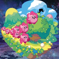 Size: 500x492 | Tagged: artist:tailsdoll1993, crossover, derpibooru import, facial hair, kirby, kirby (character), kirby mass attack, kirby pie, moustache, multeity, nintendo, pinkie pie, safe, too much pink energy is dangerous