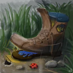 Size: 1000x1000 | Tagged: artist:king-kakapo, campfire, characters inside shoes, clothes, derpibooru import, floppy ears, frown, grass, insect, ladybug, lantern, micro, princess luna, prone, rain, safe, shoes, solo, tiny, unamused
