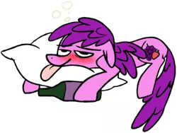 Size: 500x375 | Tagged: safe, artist:ghost, derpibooru import, berry punch, berryshine, alcohol, blushing, bottle, drink, drunk, palindrome get, pillow, solo, tongue out