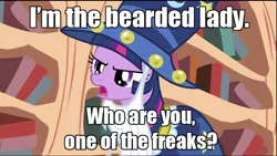 Size: 640x360 | Tagged: safe, derpibooru import, edit, edited screencap, screencap, twilight sparkle, unicorn, luna eclipsed, caption, clothes, costume, female, golden oaks library, image macro, nightmare night costume, solo, spaceballs the tag, star swirl the bearded costume, text, unicorn twilight