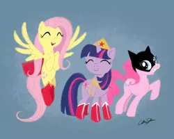 Size: 630x504 | Tagged: artist:catherinesatrun, batgirl, clothes, cosplay, costume, dc girls, derpibooru import, fluttershy, parody, pinkie pie, safe, supergirl, twilight sparkle, wonder woman