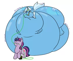 Size: 1419x1203 | Tagged: air inflation, air pump, artist:watertimdragon, balloon, belly, big belly, derpibooru import, gag, helium, horn, horn ring, hose, inflation, magic suppression, revenge, ring, safe, simple background, trixie, twilight sparkle
