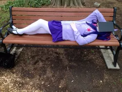 Size: 720x540 | Tagged: artist:mintyblitzz, bench, book, clothes, cosplay, costume, derpibooru import, female, horn, horned humanization, human, humanized, irl, irl human, photo, reading, safe, solo, twilight sparkle