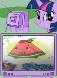 Size: 438x600 | Tagged: derpibooru import, exploitable meme, faic, fake, food, meme, nintendo, obligatory pony, pokémon, safe, smirk, tv meme, twiface, twilight sparkle, watermelon