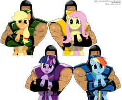 Size: 2422x2000 | Tagged: safe, artist:jonpablo45, derpibooru import, applejack, fluttershy, rainbow dash, twilight sparkle, pony, reptile, crossover, happy, holding a pony, mortal kombat, rain (mortal kombat), scorpion (mortal kombat), simple background, sub-zero, transparent background