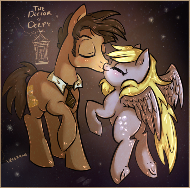 Size: 884x874 | Tagged: safe, artist:velexane, derpibooru import, derpy hooves, doctor whooves, time turner, ponified, pegasus, pony, crossover, david tennant, doctor who, doctorderpy, female, kissing, male, mare, shipping, straight, tenth doctor, the doctor