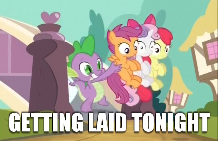 Size: 754x487 | Tagged: apple bloom, caption, cutie mark crusaders, derpibooru import, dragon swag, edit, getting laid tonight, image macro, implied foalcon, just for sidekicks, scootaloo, spike, suggestive, sweetie belle, text