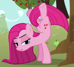 Size: 633x571 | Tagged: active stretch, alternative cutie mark placement, animation error, apple, applebucking, backbend, bucking, derpibooru import, flexible, food, handstand, inner thigh cutie mark, magical mystery cure, out of context, pinkamena diane pie, pinkie pie, safe, screencap, solo, swapped cutie marks, upside down